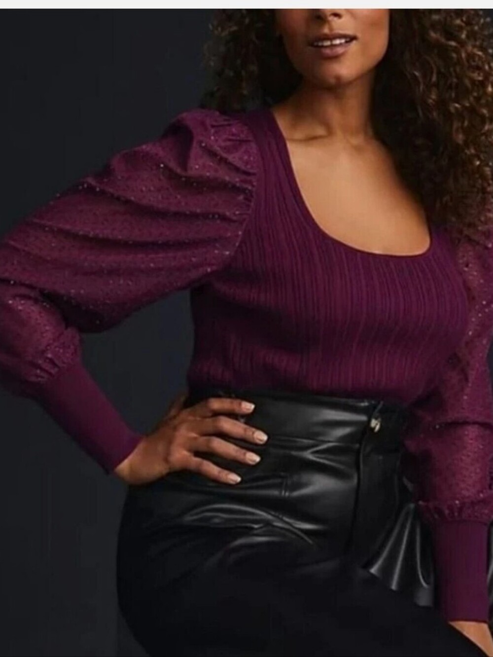 Anthropologie Puff-Sleeve Shimmer Sweater Top With Sheer Sleeves In Plum Wine L